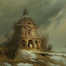Пейзаж с храмом в селе Подмоклово. Холст, масло, 150х200. 2025 г.