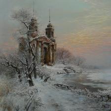 Зимний закат у пруда. Холст, масло, 80х75. 2014 г.